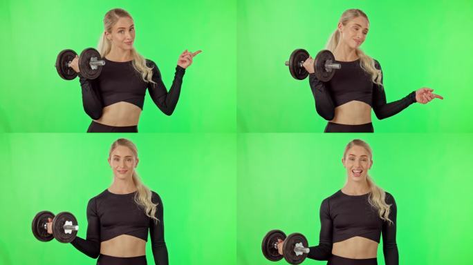锻炼，哑铃和绿色屏幕上的女人，用手指指着空间或健身房的模型。运动员肖像和健身锻炼的肌肉或健康提供，促