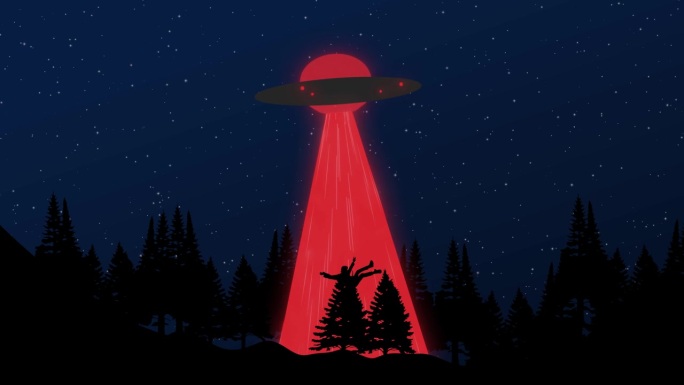 UFO捕获一个人的2d卡通动画，UFO在黑暗的天空中飞行，闪烁的星星闪烁。Ufo光线在丛林夜景中捕捉