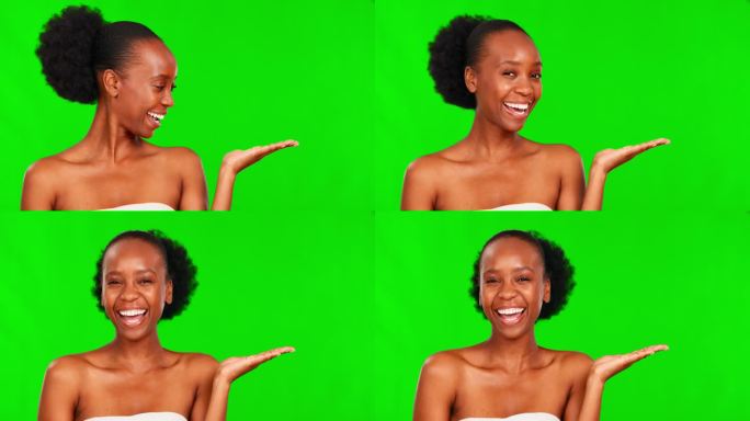 绿幕、美女和黑人女性在摄影棚展示产品进行宣传、广告和治疗。皮肤护理模型，铬和肖像的女孩姿态化妆品，自