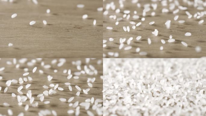 大米在木纹桌面上洒落跳动 大米洒落到桌面
