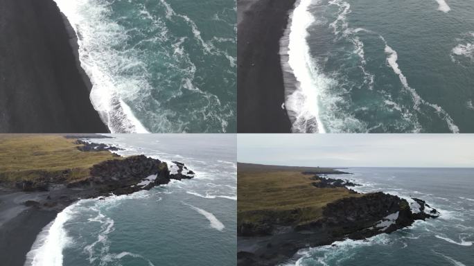 4k航拍冰岛黑沙滩白海浪 绝美风景