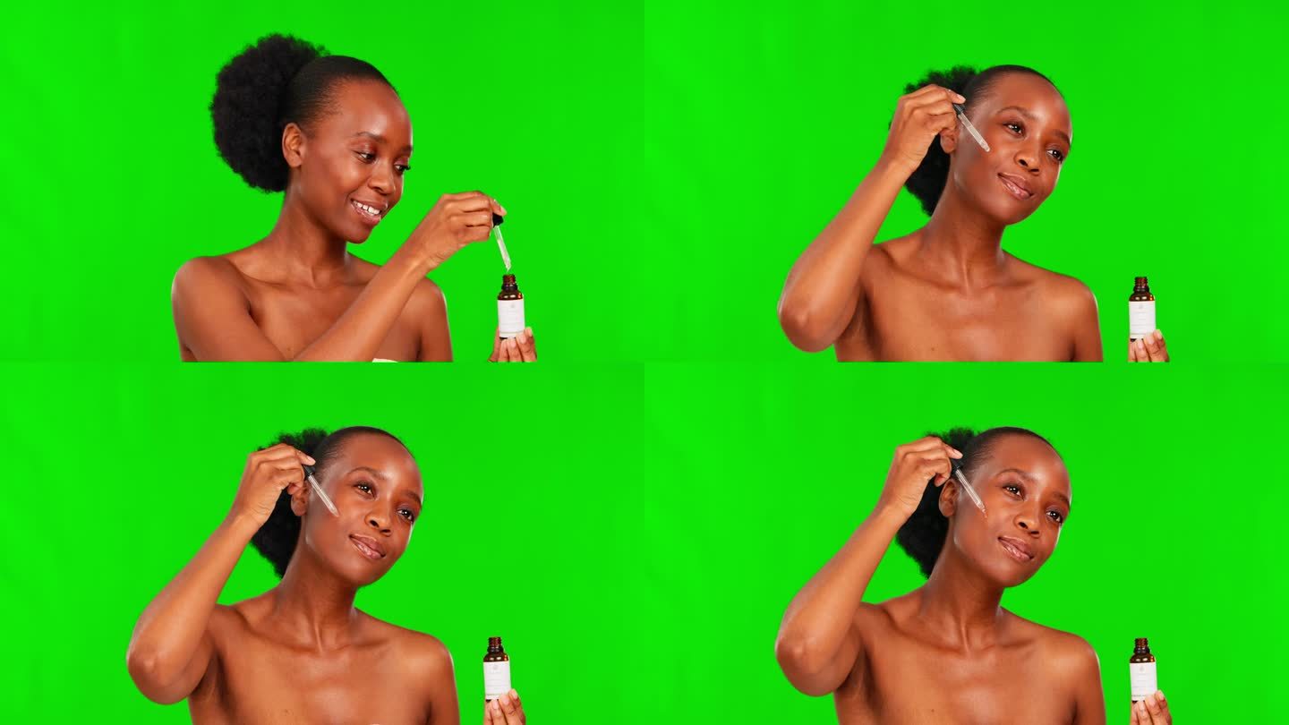 美容精华液，黑人女性和绿色屏幕与护肤和精油。化妆品，滴管和皮肤治疗与非洲女模特胶原蛋白和透明质酸