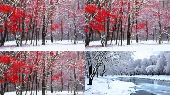 大雪过后，红色枫树叶变成白茫茫一片