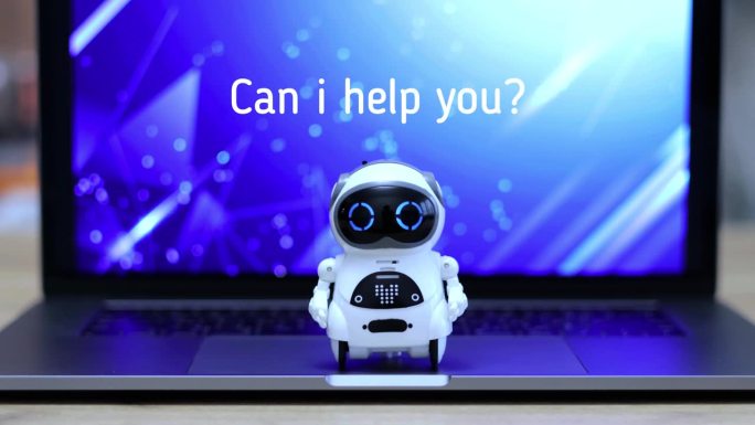 真实机器人在虚拟屏幕在线系统上说“你好”和“我能帮你吗?”数字聊天机器人，对话助手，AI人工智能概念