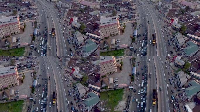 无人机拍摄的尼日利亚鲁穆拉河州繁忙的道路。在非洲某地