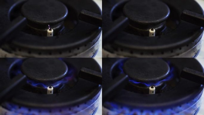 燃气燃烧器与燃气点火的特写。