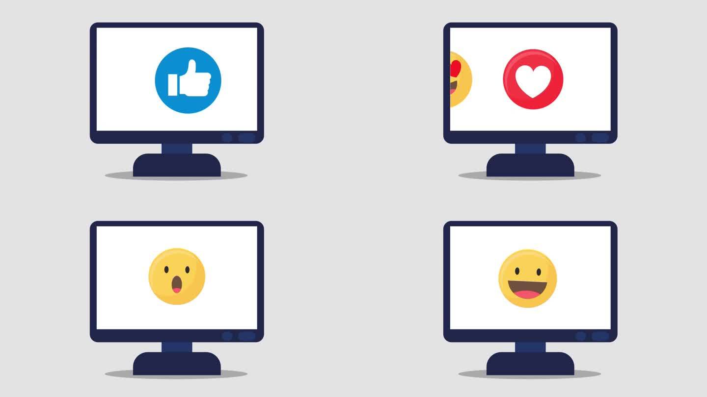 社交媒体上的表情符号从上到下两方面都失败了。白色背景下的社交网络反应和表情动画。本空间