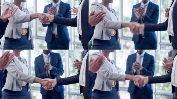 握手，协议和商务人士庆祝成功，合作和伙伴关系，b2b或入职。握手，鼓掌和合作会议，网络或客户关系管理