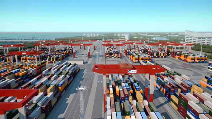 三维3D动画港口无人装船集装箱生长码头