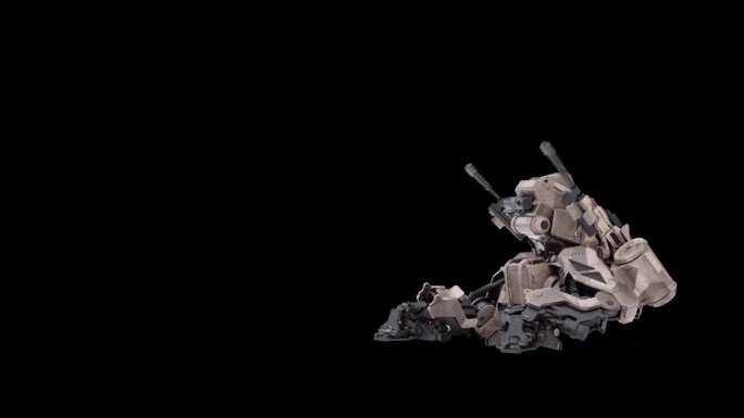 详细的3D模型机器人死亡后，前侧面左视图，战士未来机器渲染动画，操纵骨骼结构，覆盖阿尔法哑光通道混合