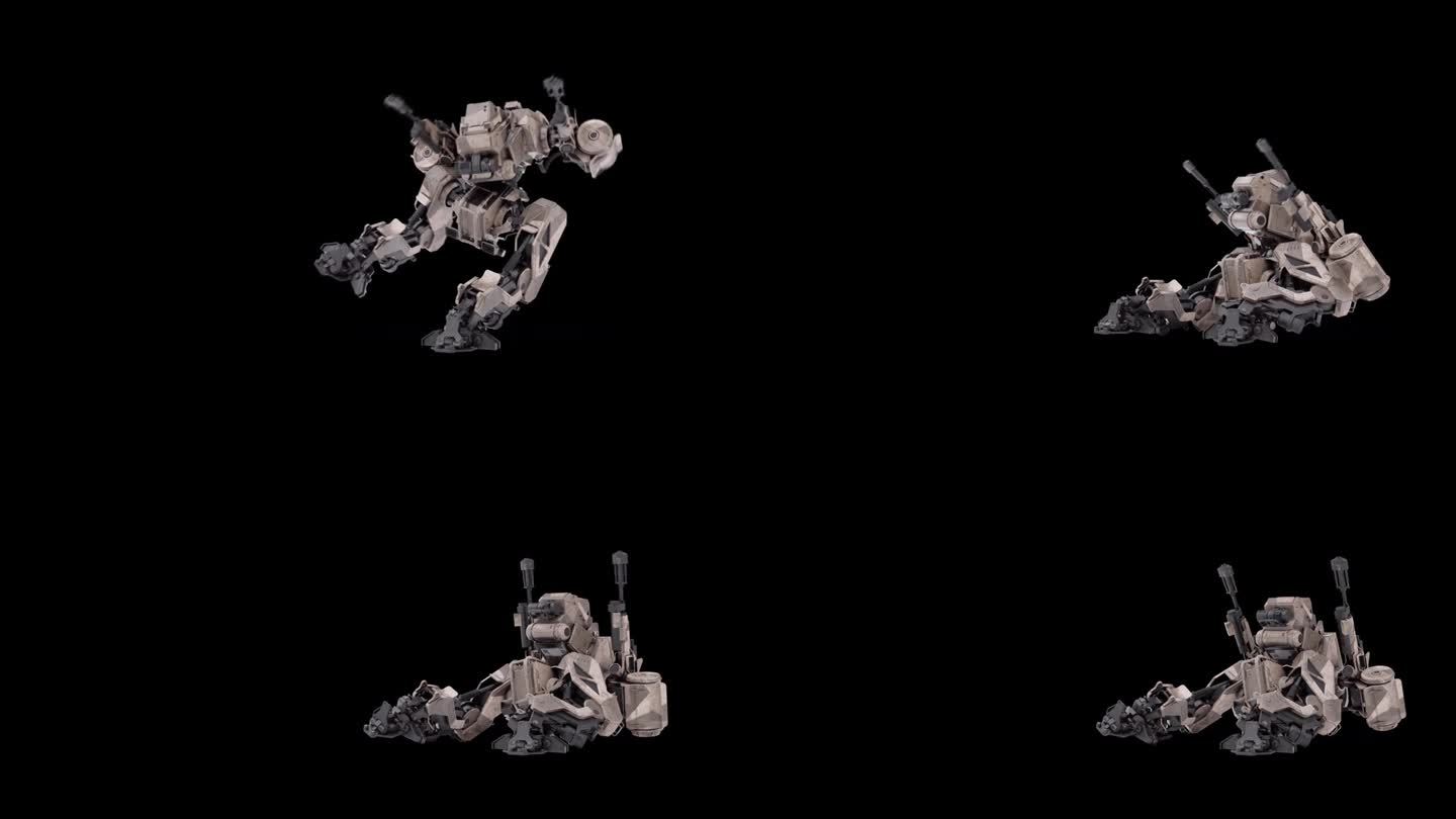 详细的3D模型机器人死亡后，前侧面左视图，战士未来机器渲染动画，操纵骨骼结构，覆盖阿尔法哑光通道混合