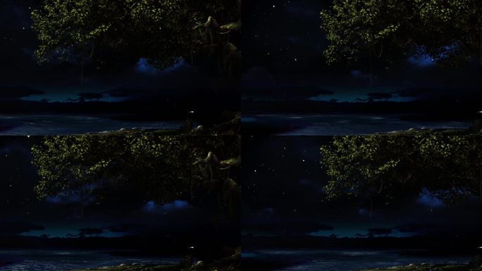 【原创】舞台投影夜晚河边大树下夜景素材