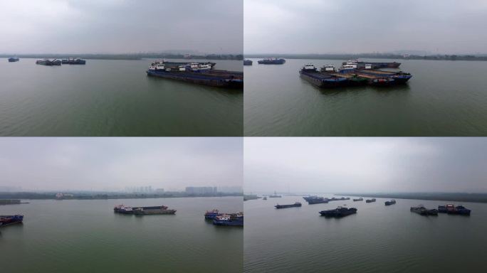 航拍壮观大气的湘江各类运输船，抛锚行驶