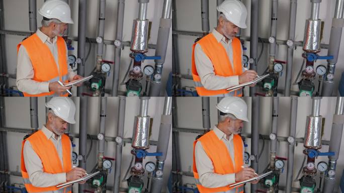高级白发工程师检查冷凝器水泵及压力表，冷水机组水泵及压力表。做笔记