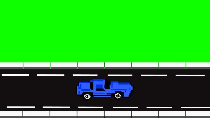 一个旧的蓝色汽车游戏的动画视频在16位风格的绿色背景，像素艺术。