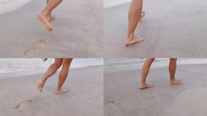 海边沙滩光脚赤脚惬意休闲光脚海滩美女行走