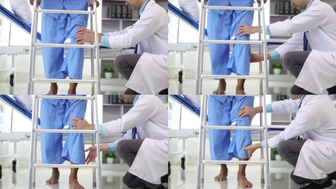 一家医院的医生正在帮助一位腿部肌肉无力的男病人学习用拐杖走路。理疗师正在为在病房里练习走路的男子做理