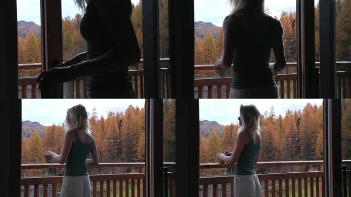 年轻女子在甲板上欣赏风景，秋天