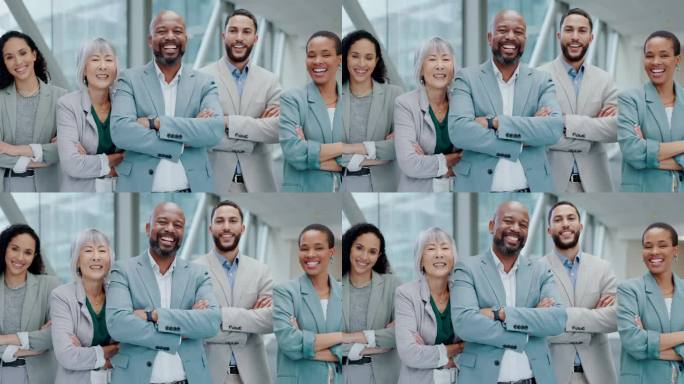 商务人士，企业和团队的肖像笑员工一起合作。多样性，双臂交叉，职业男女群体，领导和团结一致