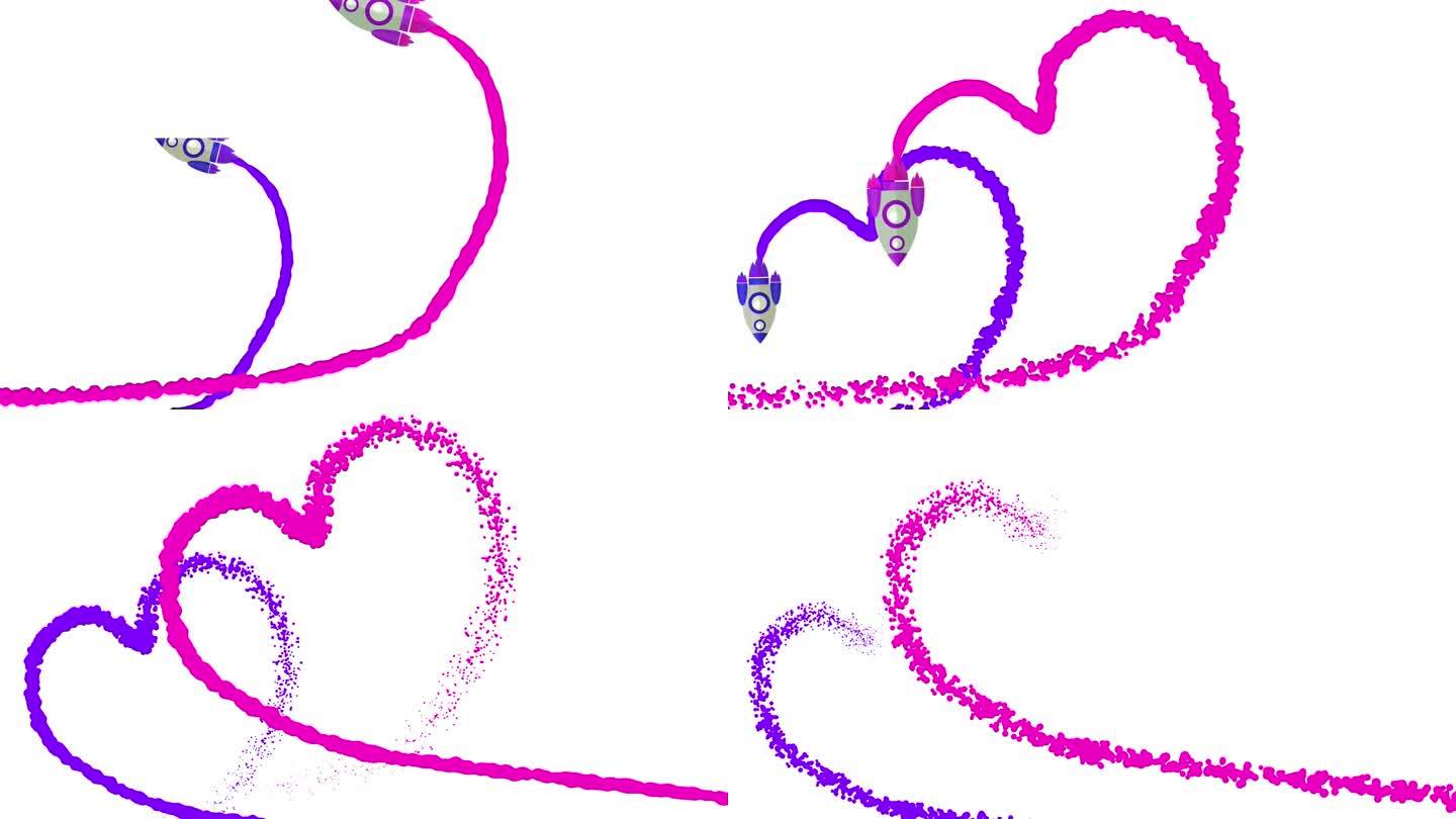在白色背景上画两颗心形状的飞行火箭。爱的象征。创意理念