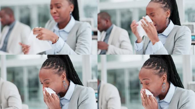 过敏、打喷嚏或生病的办公室黑人妇女或因花粉热、感冒或重病而擤鼻涕的工人。风险，流感或商务人士与卫生纸