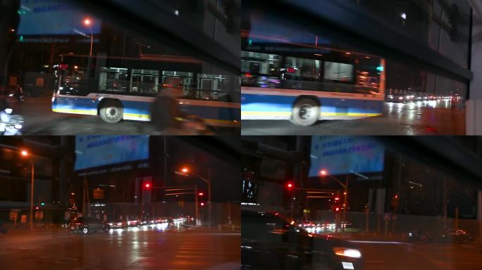 夜晚城市公交车夜景