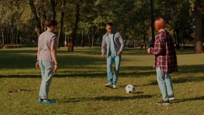 听力受损家庭在公园草坪上踢足球