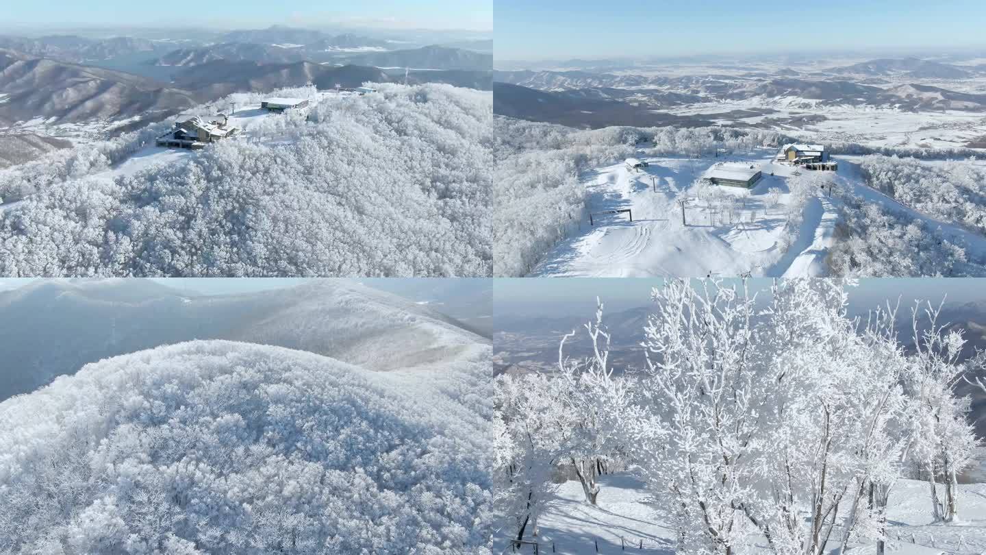 4K滑雪场山顶雾凇雪景航拍