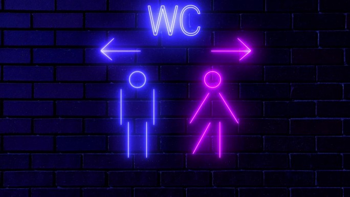 男女厕所霓虹灯符号与现代图标和发光的箭头方向(举右)在暗砖背景。未来的电动公共厕所设计发光灯动画