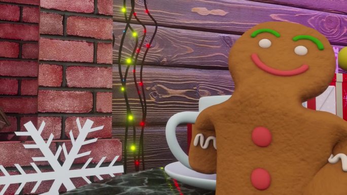 姜饼人在五彩缤纷的圣诞树下的姜饼屋和杯子旁跳舞。圣诞快乐，新年快乐动画。
