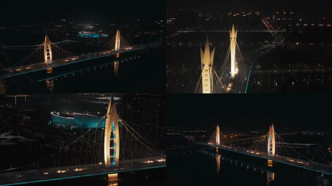 4K西安地标夜幕下的灞河元朔大桥航拍