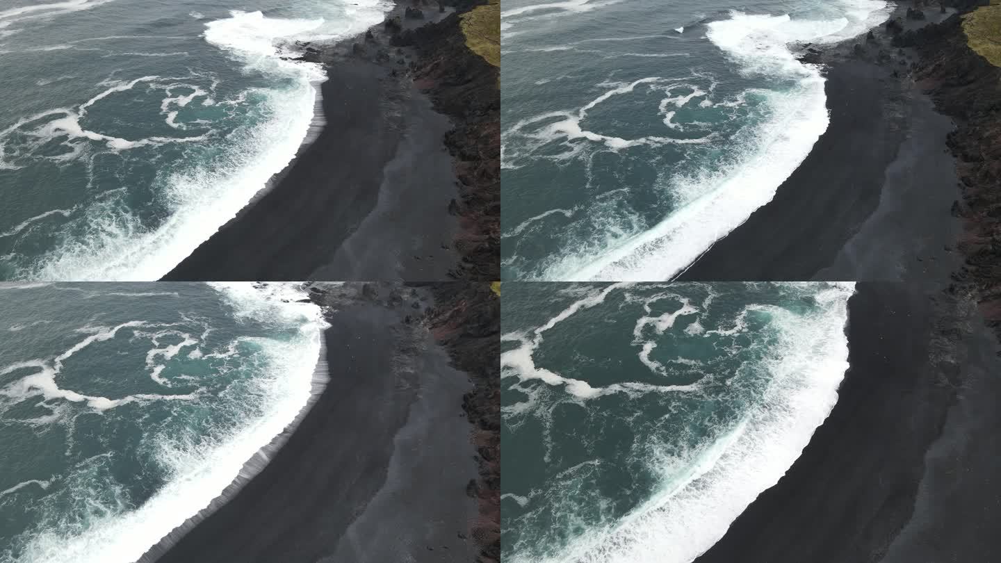 4k航拍冰岛黑沙滩白海浪 绝美风景