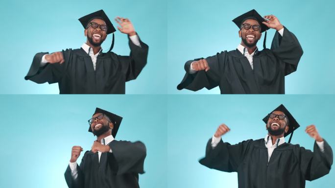 毕业典礼，舞会或快乐的学生与教育，学院或大学的目标。微笑，骄傲或兴奋的黑人毕业工作室成功或学习成就在