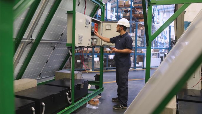 拉丁美洲的工程师在一家制造工厂调整太阳能电池板的配电板