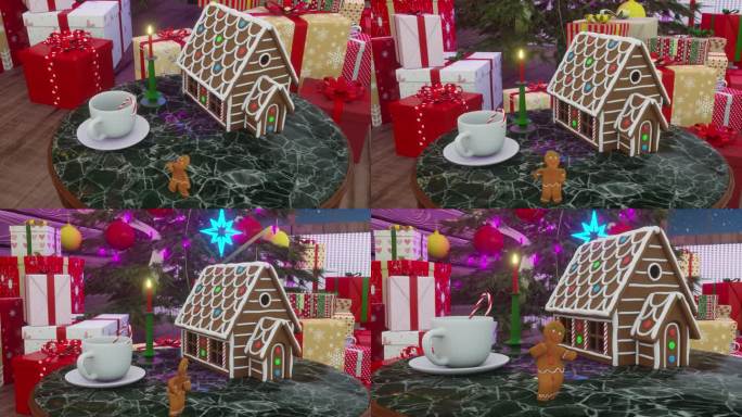 姜饼人在五彩缤纷的圣诞树下的姜饼屋和杯子旁跳舞。圣诞快乐，新年快乐动画。