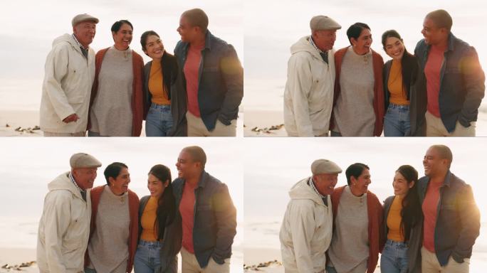 夫妇，有趣的和年老的父母在海滩度假，海上度假或户外旅行。大笑着，年长的母亲和父亲与成年男女亲密无间，