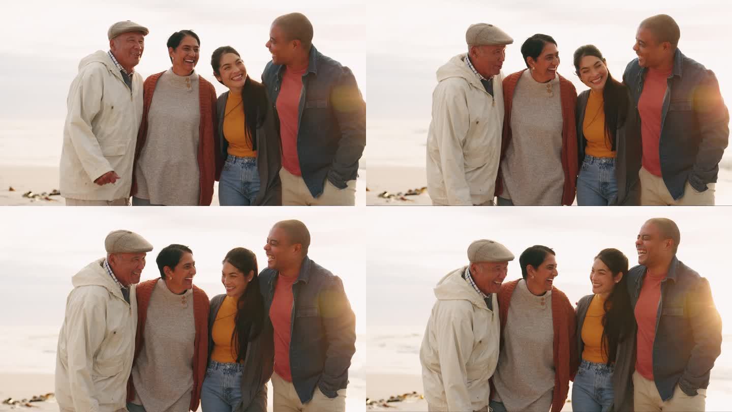 夫妇，有趣的和年老的父母在海滩度假，海上度假或户外旅行。大笑着，年长的母亲和父亲与成年男女亲密无间，