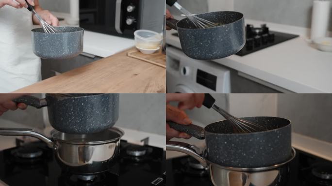 厨师一边搅拌锅里的东西，一边拿着它，把它放在一个双层锅炉上，慢动作。