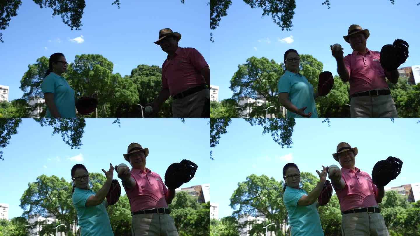 60岁以上的老人在公园里打棒球，用手机录下来给孙子们看。4 k的视频