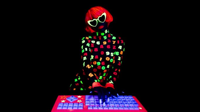 女人在电脑前用发光数字