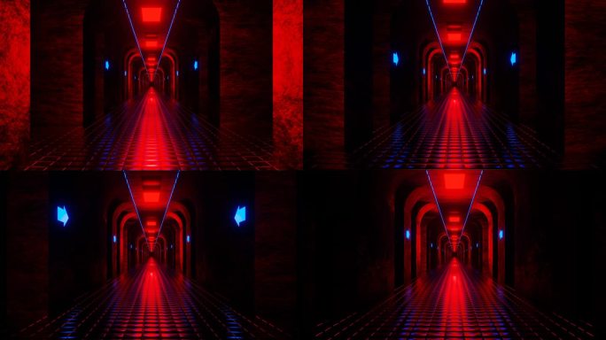 蓝色和红色地下城隧道背景VJ循环在4K