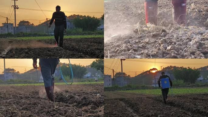 农民在地里劳作 喷洒除草剂春种荒地喷雾器