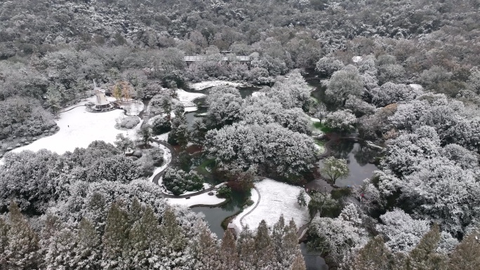 航拍杭州下雪雪中太子湾公园