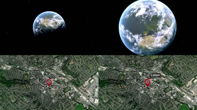 卢顿城市地图从太空到地球的缩放，英格兰，英国