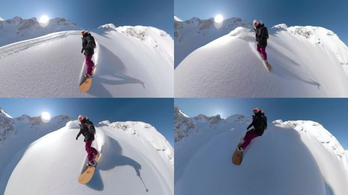 自拍，镜头光晕:女滑雪者骑着美丽的雪山地形