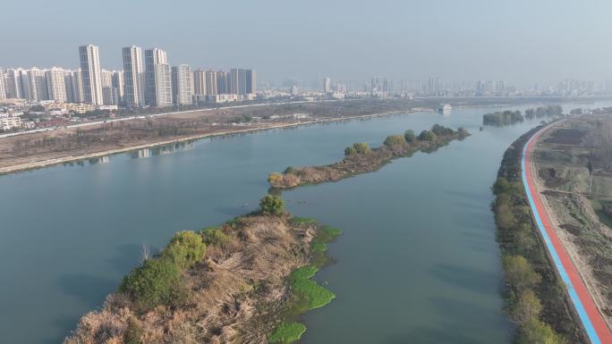 航拍襄阳唐白河汉江支流湿地城市风光风景