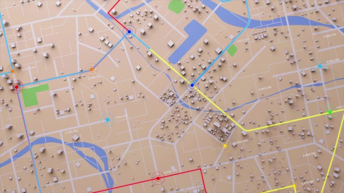 3D渲染俯视图城市地图与导航线和目的地GPS技术交通，未来的用户界面，HUD平视显示。科技与未来概念