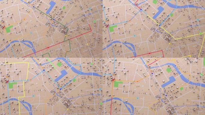 3D渲染俯视图城市地图与导航线和目的地GPS技术交通，未来的用户界面，HUD平视显示。科技与未来概念