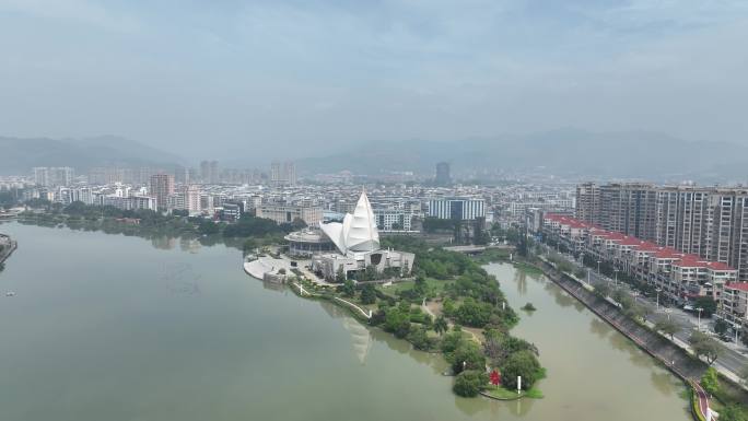 福建省漳州市南靖县文化中心湖心岛航拍