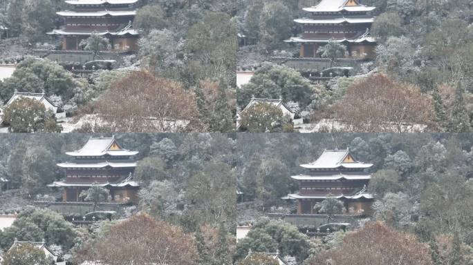 航拍杭州下雪雪中净慈寺